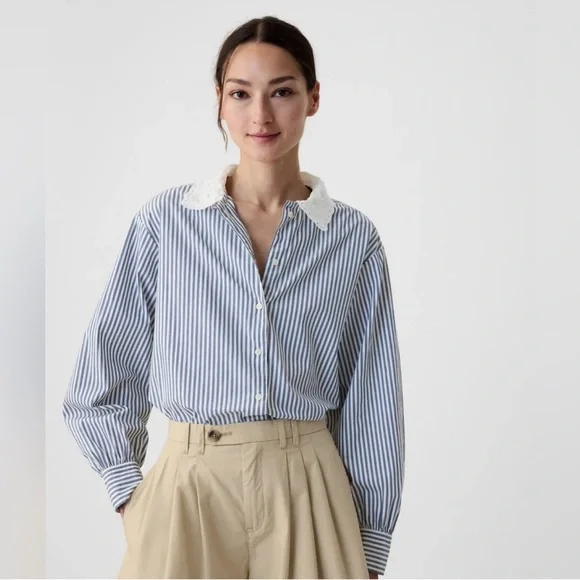 Gap x DÔEN Blue Striped Button Down Shirt with Eyelet Lace Collar - Picture 2 of 10